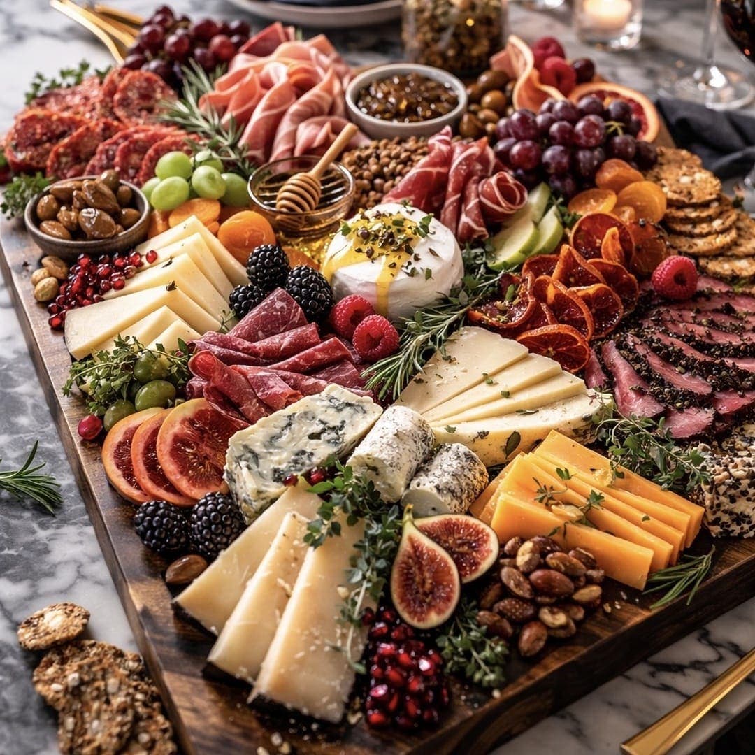 Luxurious full charcuterie board with cheeses and meats
