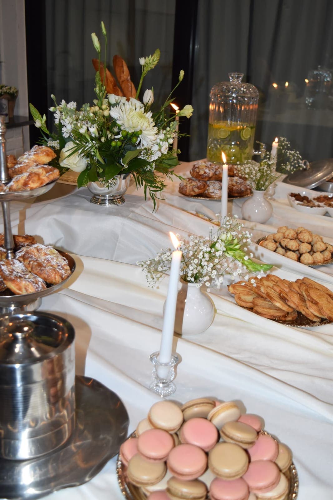 Elegant brunch display with macarons and pastries