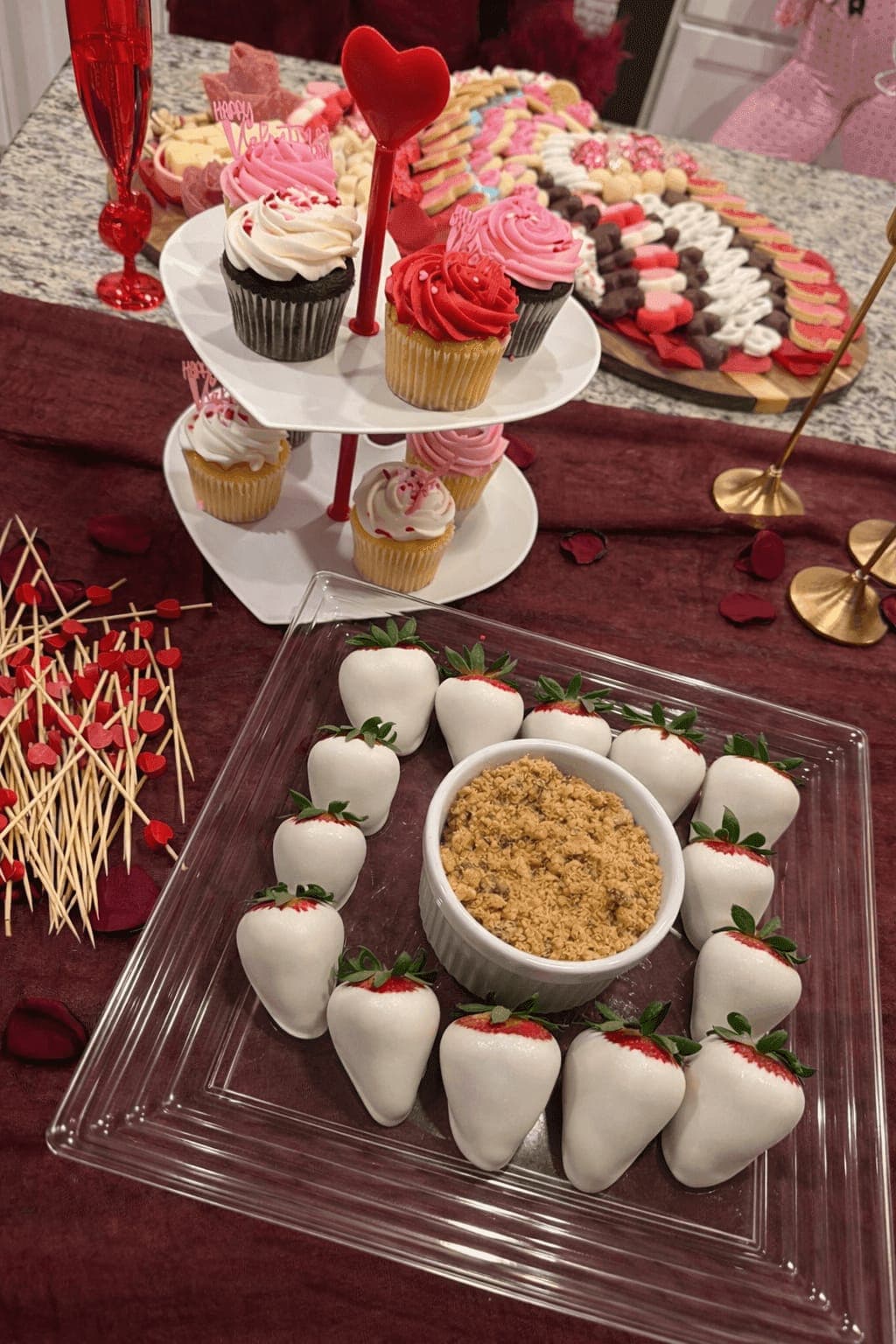 White chocolate strawberries and Valentine's cupcakes