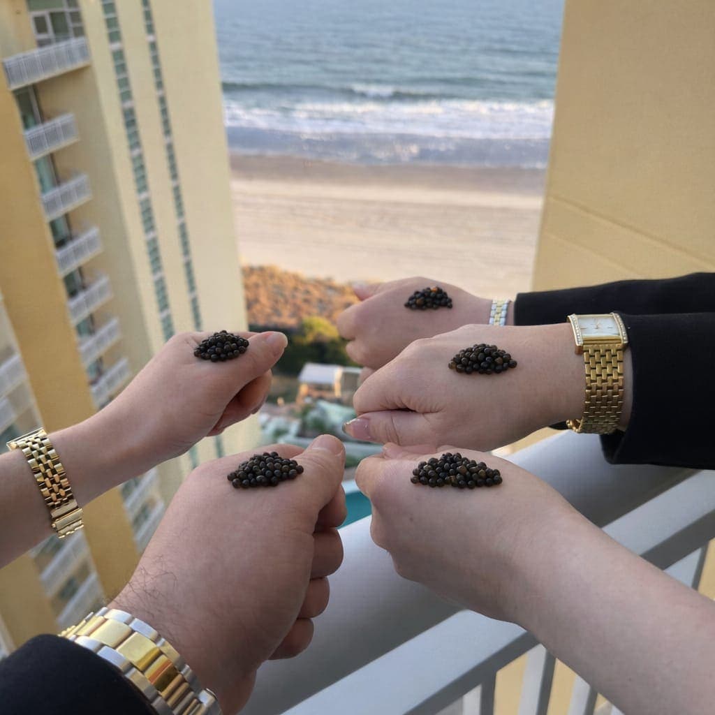 Hands with caviar on a balcony overlooking the ocean