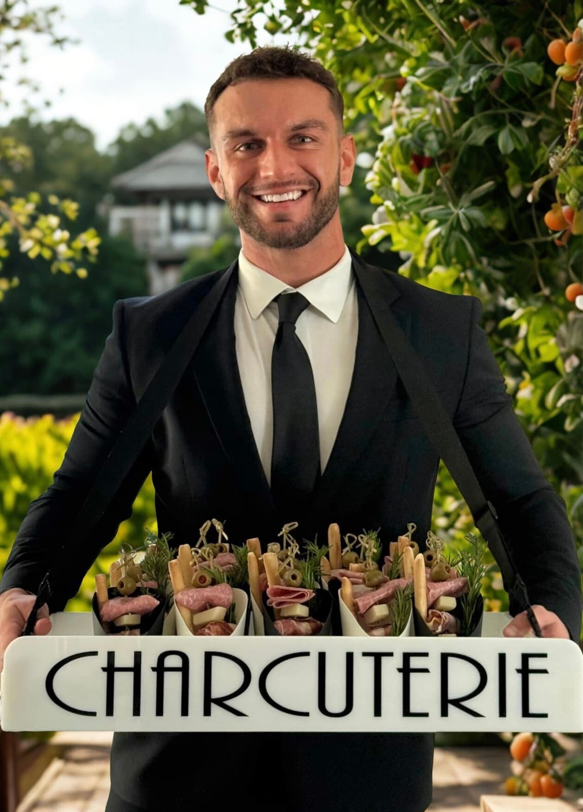 Professional server presenting artisan charcuterie cups