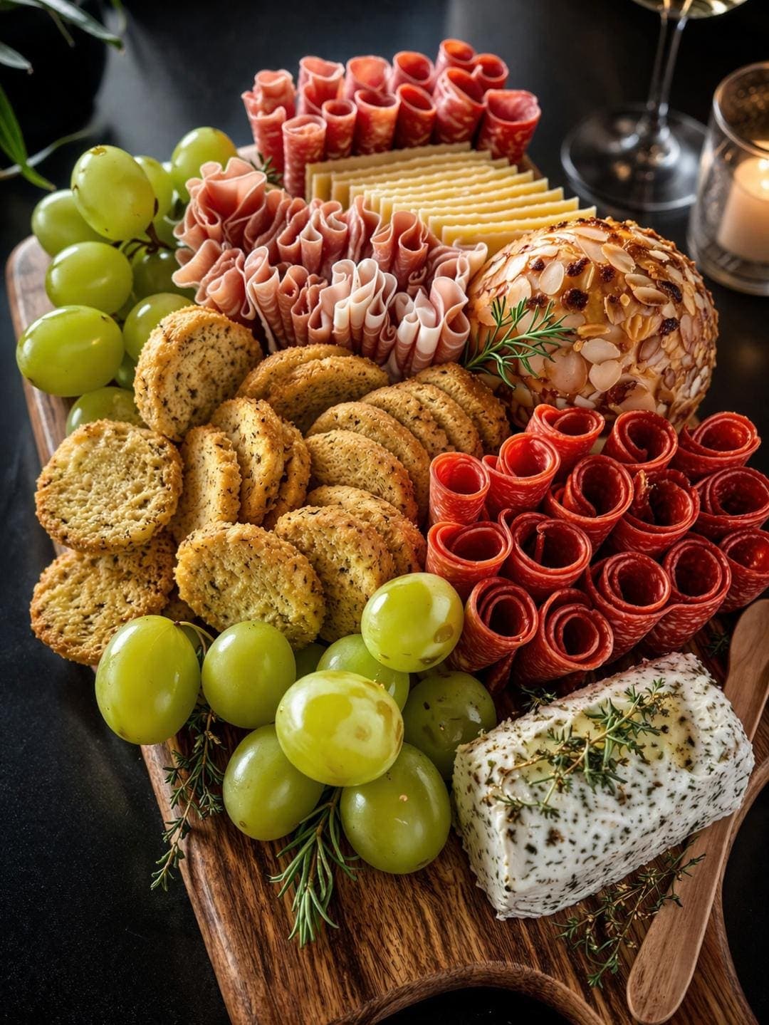 Deluxe charcuterie board with meats, cheeses, and grapes
