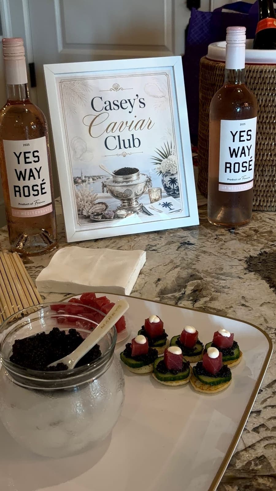 Caviar and tuna canapés with rosé at Casey's Caviar Club