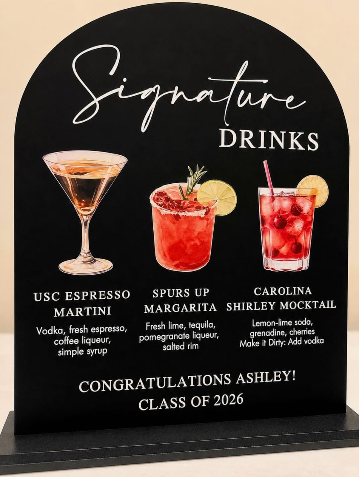 Signature drinks acrylic sign featuring espresso martini and margarita